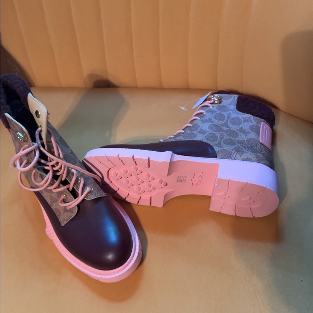 Coach Pink and Brown Combat Moto Boots